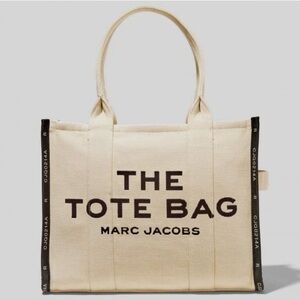 Marc Jacobs The Tote Bag Large Jacquard Warm Sand Black Cotton Canvas Purse